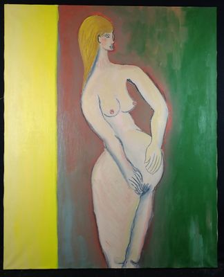 an image of a painting of a woman standing in front of a green and yellow wall