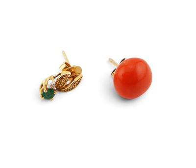 pair of coral, diamond and gold earrings