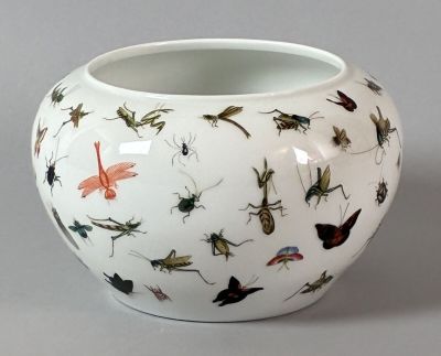 a white vase with a lot of bugs on it