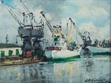 une peinture représentant une scène portuaire avec des bateaux dans l'eau