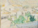 drawing of a view of a town with a river and a bridge