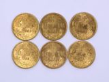 six gold coins are arranged in a row on a white surface