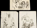four drawings of people sitting around a table with a man standing in front of them
