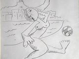 dessin représentant un homme jouant avec un ballon sur la plage