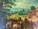 painting of a village scene with people and horses in a wooded area