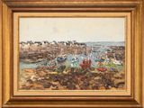 an oil painting of a harbor scene with boats in the water