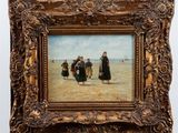 an image of a painting of a group of people walking on a beach
