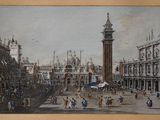 painting of a view of a square with a clock tower in the background