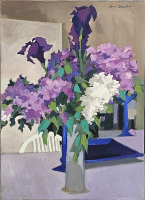painting of purple and white flowers in a vase on a table