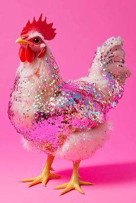 un poulet posé sur une surface rose