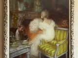 a painting of a woman sitting on a green couch