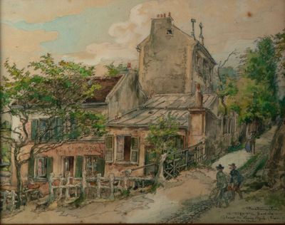 painting of a street scene with a horse drawn carriage in front of a building