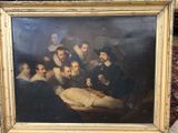 an old painting of a group of men with a man laying on the ground