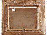 an old wooden frame with a tag hanging on it