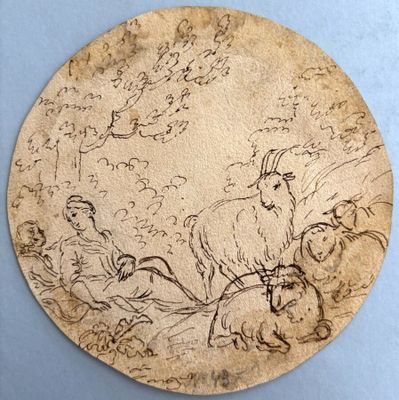une illustration représentant une chèvre et un homme dans un paysage