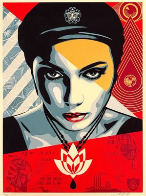 a poster of a woman with a necklace on her neck