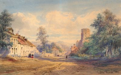 tableau représentant une scène de rue avec un château en arrière-plan