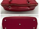 a close up of two photos of a red purse