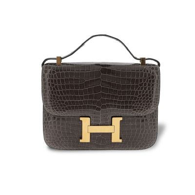 a brown and black handbag with a gold handle on a white background