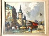 a painting of a street scene with people and buildings