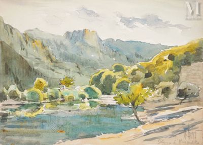 une aquarelle représentant un paysage de montagne avec une rivière