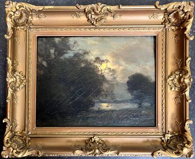 une image d'un tableau représentant un coucher de soleil sur une étendue d'eau