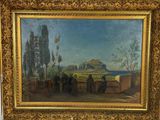 une peinture à l'huile représentant un groupe de personnes debout devant une montagne
