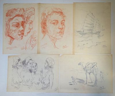 quatre dessins représentant des personnes et un bateau sur un fond blanc
