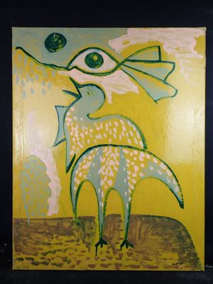 peinture représentant un tableau représentant un oiseau sur fond jaune