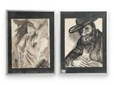 two paintings of a man and a woman in black and white