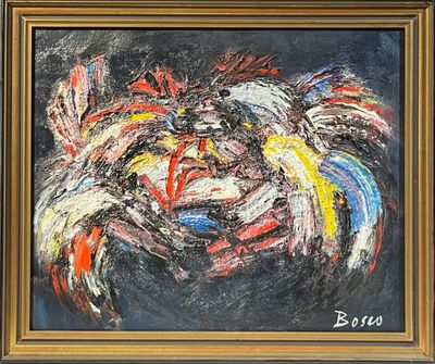 une peinture à l'huile représentant un chien au museau rouge, jaune, bleu et blanc