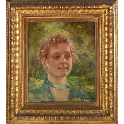 une peinture à l'huile représentant une jeune fille en robe verte, dans un cadre doré