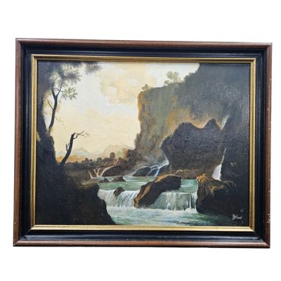 une peinture à l'huile représentant une cascade dans un paysage rocheux parsemé d'arbres