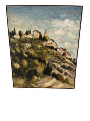 an oil painting of a hill with a church on top of it