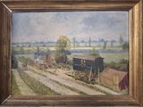 une peinture à l'huile d'une scène de ferme avec une voiture à cheval
