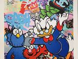 tableau représentant Donald, Donald et Dingo devant un mur recouvert de graffitis