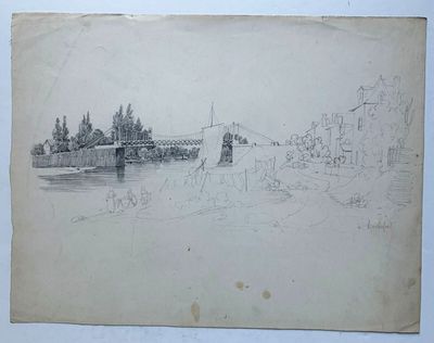un vieux dessin représentant un bateau sur une rivière, avec un pont en arrière-plan
