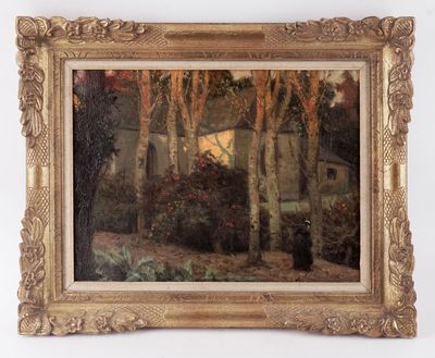 an image of a painting of a house in a wooded area