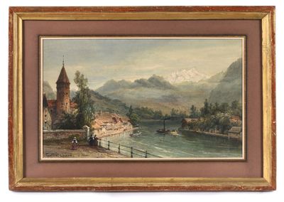 an old painting of a village by a river with mountains in the background