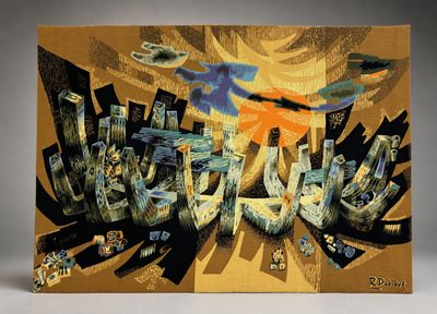 Peinture abstraite représentant une ville avec des bâtiments et un oiseau qui vole au-dessus