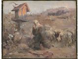 painting of sheep in a field with a birdhouse in the background