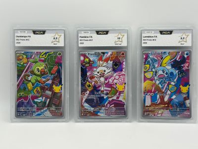three different pokemon trading cards in plastic cases on a white surface