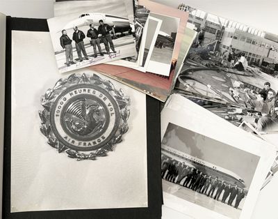 several black and white photos of a group of men standing in front of a plane