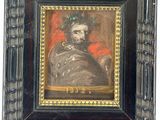 un vieux tableau représentant un homme avec un chapeau et une barbe, dans un cadre noir