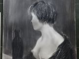 a drawing of a woman sitting at a table with a bottle of wine