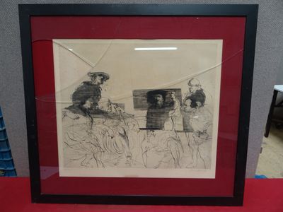 dessin encadré représentant un groupe de personnes dans une pièce