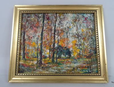 an oil painting of a park scene with trees and a bench