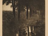 an image of a black and white drawing of trees and water