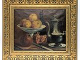 an oil painting of a bowl of fruit and a silver pitcher on a table