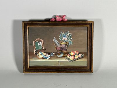 une photo d'un tableau représentant une table avec des fruits et des fleurs
